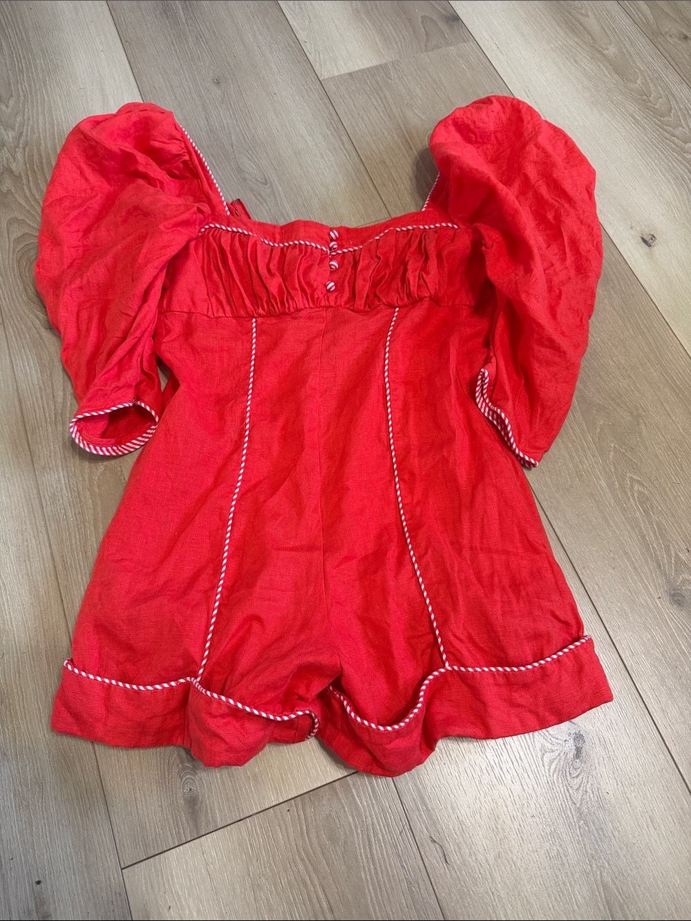 FARM Rio Red Puff-Sleeve Romper with Contrast Trim - Picture 1 of 3